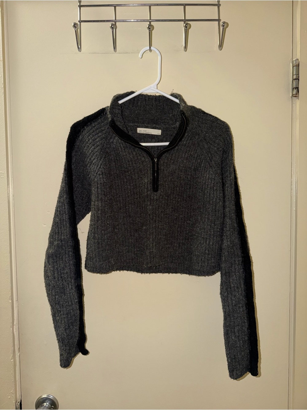 OAK + FORT Charcoal Cropped Ribbed Half-Zip Sweater